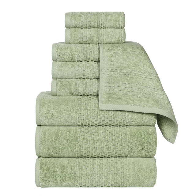 Zero Twist Waffle Textured Cotton Medium Weight 9 Piece Towel Set, Green - Blue Nile Mills