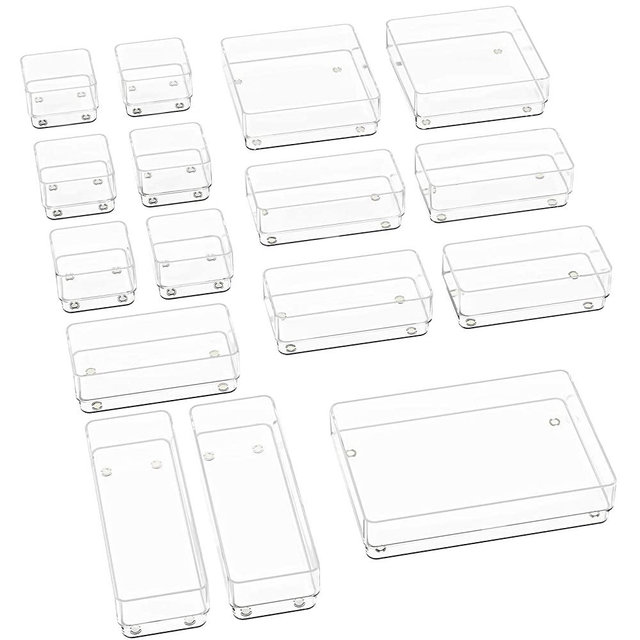 SMARTAKE 16-Piece Drawer Organizer with Non-Slip Silicone Pads, 5-Size Clear Desk Drawer Organizer Trays Storage Tray for Makeup, Jewelries, Utensils in Bedroom Dresser, Office and Kitchen
