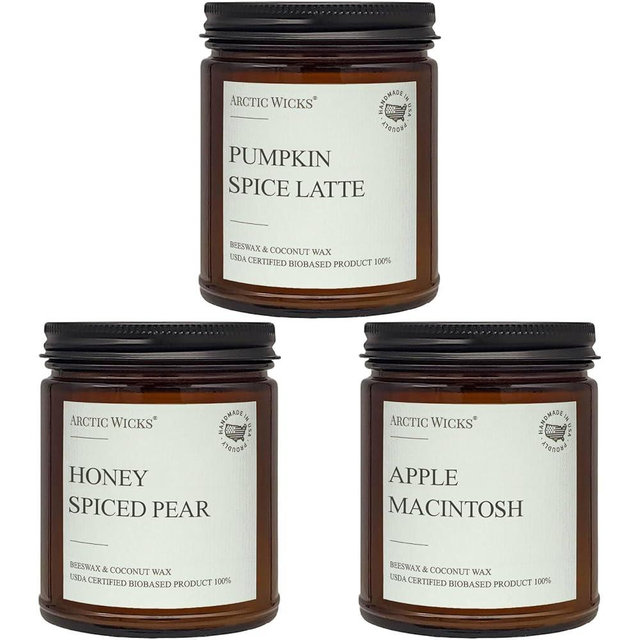 Arctic Wicks 3 Pack Fall Candles Honey Spiced Pear, Pumpkin Spice Latte, Apple Macintosh | Coconut Beeswax Candles | 9oz Amber Jar | Farmhouse Non-Toxic Clean Burn 100% USDA Certified Biobased