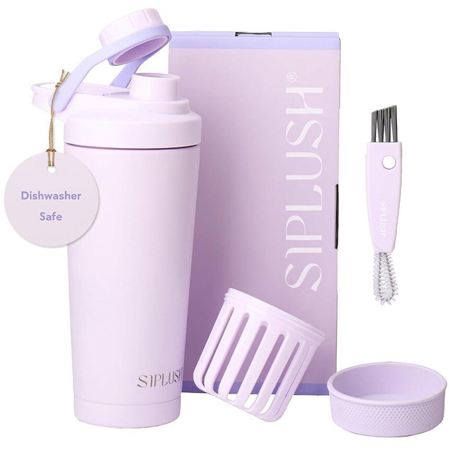 SIPLUSH Paradise Shaker Bottle 24 oz, Insulated Stainless Steel Protein Shaker, Dishwasher Safe, with Lid Brush & Protective Boot, Leakproof Twist-Off Chug Cap, Lavender Coast