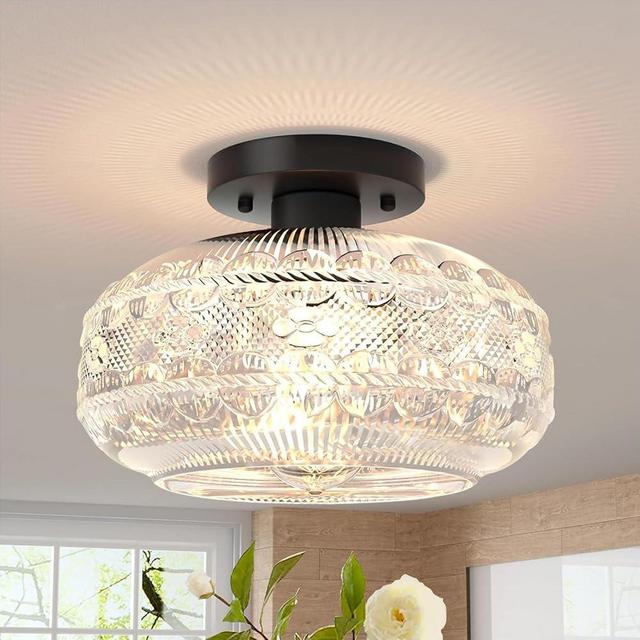 APOTO 11" Large Semi Flush Mount Ceiling Light,Black Globe Glass Ceiling Light Fixture,Vintage Hallway Light Fixture Ceiling,Close to Light Fixtures Ceiling Mount for Kitchen Bedroom,Bulb not Included