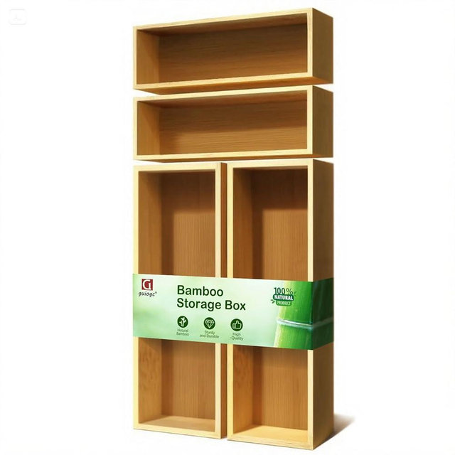 guiogc Bamboo Drawer Silverware Organizer, Flatware Organizer, Bamboo Storage Box for Office, Bathroom and other objects storage (large14.2 x5 x2 Small 9.85"x3.55"x1.78"- Set of 4)