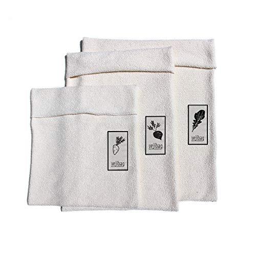 Vejibag Variety Pack, Organic Cotton, Reusable Vegetable Crisper Bags (3 Bag Set- Standard, Large, Extra Large)