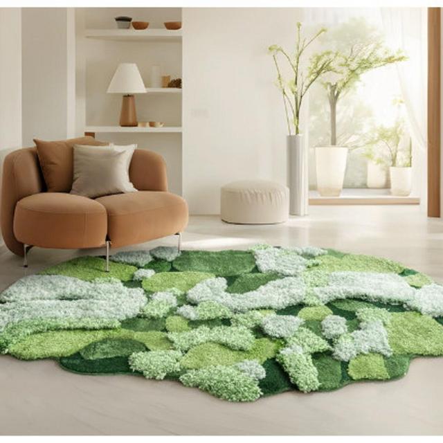 Green Rug Tufted Irregular Forest Rug Fluffy Moss Abstract Rug Washable Non-Slip small kids play Rug Housewarming gift Tundra Landscape Rug