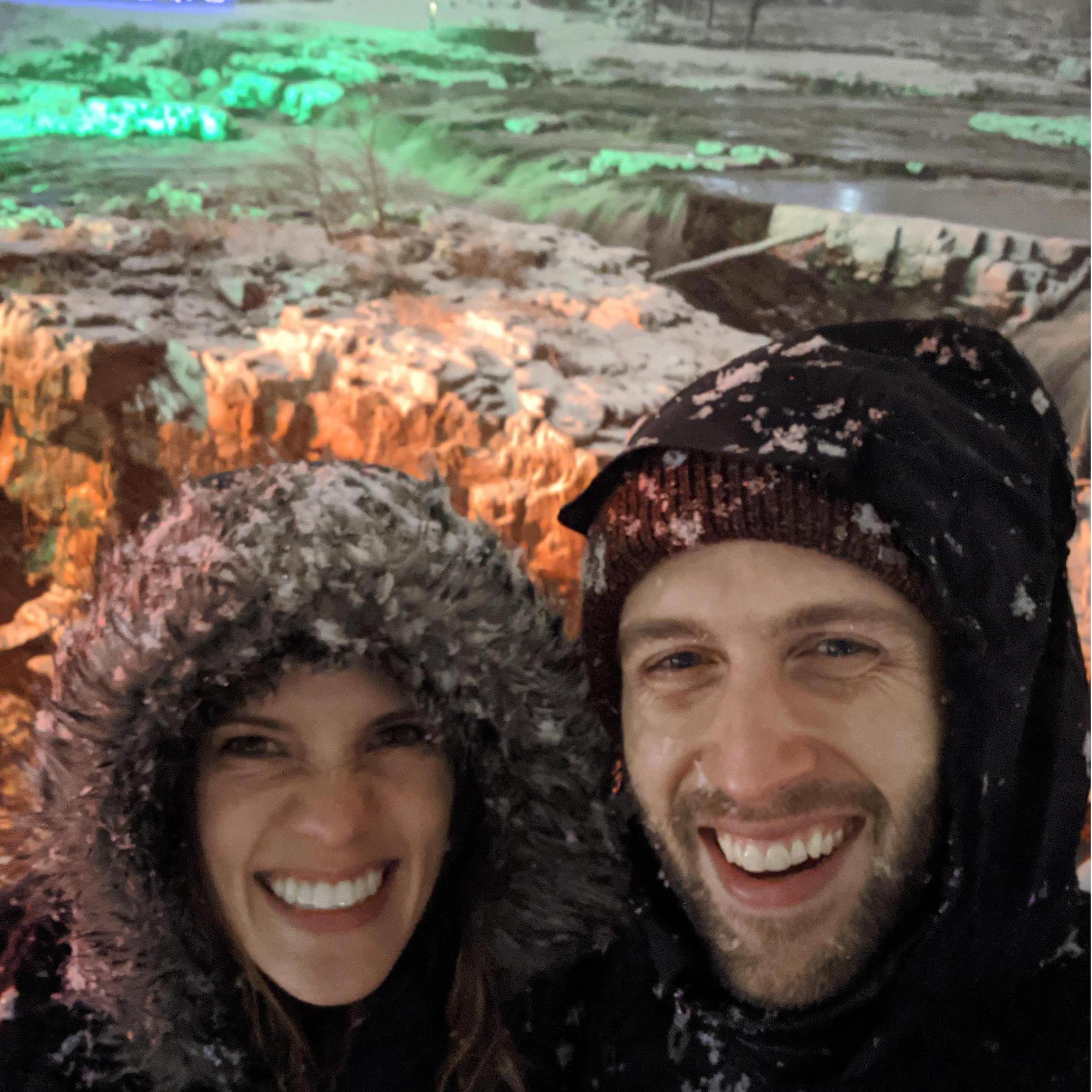 Pete's first time back to Sioux Falls with me! We went to go see the falls and it was all lit up and snowy!