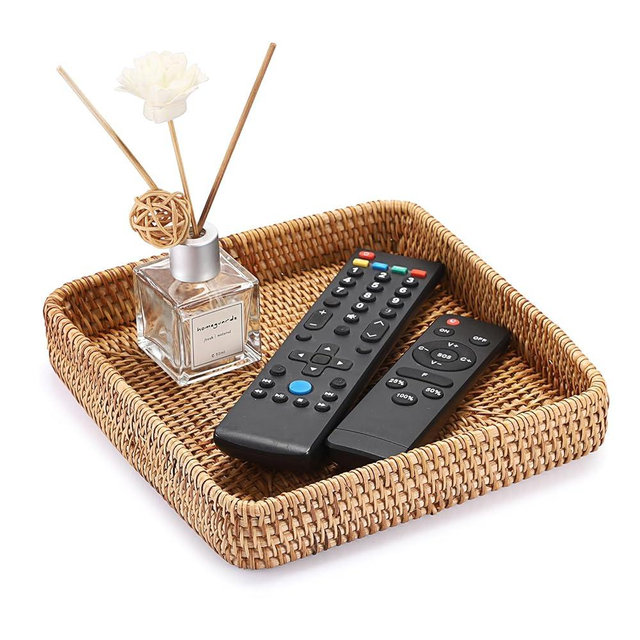 BTSKY Small Remote Basket for Coffee Table Entryway Living Room Rattan Serving Tray 8.1” x 8.1” Handwoven Wicker Baskets Decorative Tray for Wallet Remote Control Trinkets Rings Cosmetics Crackers
