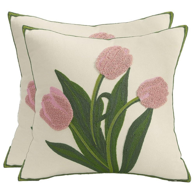 Tosleo Embroidery Throw Pillow Covers 18x18 Pack of 2 Pink Tulip Flower Pillowcases Valentine's Day Decor Spring Pillow Covers Cotton Canvas Cushion Cover Square Farmhouse Floral Pillow Case