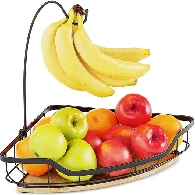 CACHOLIV Fruit Holder for Kitchen Countertop with Banana Hanger, Vegetable Basket with Bamboo Base for Kitchen Corner Storage, Black