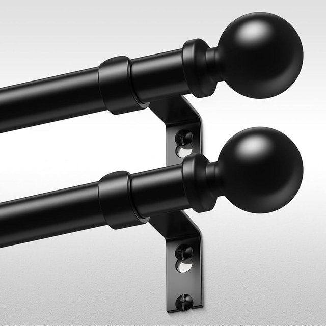 2 Pack Curtain Rods for Windows 48 to 84 Inch, Black 1" Decorative Window Treatment Rods, Adjustable Heavy Duty Modern Drapery Rod, Spliced Metal Curtain Pole with Matte Black Round Finials