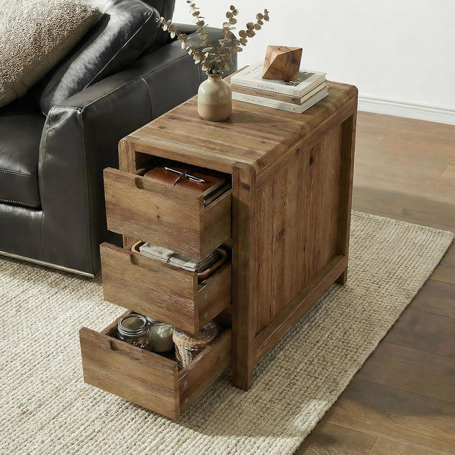 LITTLE TREE 3-Drawer Real Wood End Table, Narrow Side Table with Storage Drawers, Solid Wood Sofa Side Table for Living Room, Slim Nightstand Bedside Table for Bedroom, Natural Wood Color