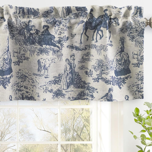 DriftAway Toile Linen Lined Valance Double Layer Thermal Room Darkening Blackout Window Valance Curtain for Kitchen Bathroom Farmhouse French Country Vintage Printed Pattern Single 52 x 18 Inch Navy