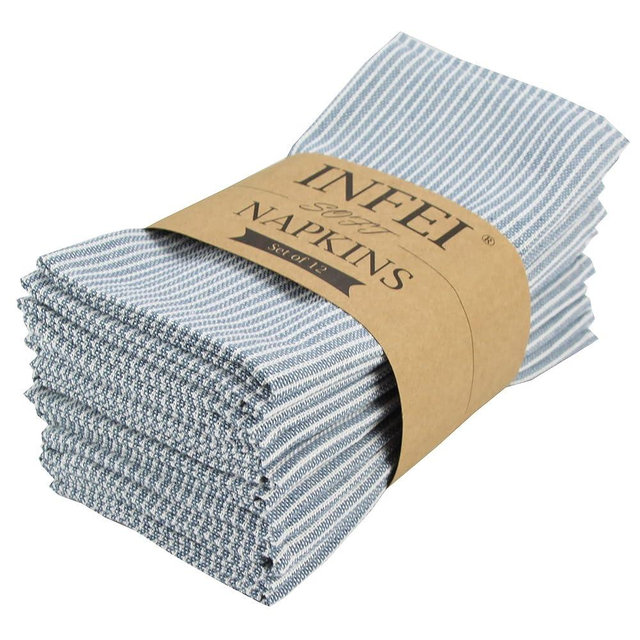 INFEI Narrow Striped Cotton Linen Blended Dinner Cloth Napkins - Set of 12 (40 x 30 cm) - for Events & Home Use (Blue)
