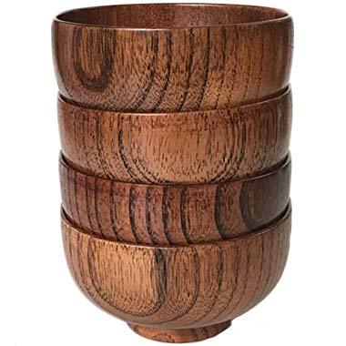 Cospring Set of 4 Solid Wood Bowl, 4.5 inch Dia by 2-5/8 inch, for Rice, Soup, Dip, Decoration (Middle)