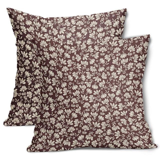 Burgundy Beige Daisy Floral Pillow Covers 20X20 Inch Vintage Flowers Decorative Pillow Cases Set of 2 Block Print Cotton Linen Throw Pillows Farmhouse Decor For Sofa Couch Porch Bed Cushion Outdoor