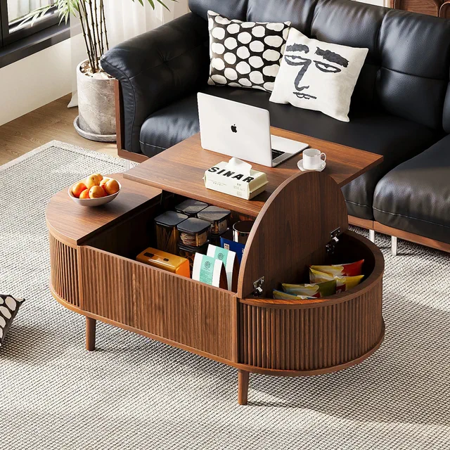 Oval Coffee Table with Hidden Storage & Lift-Top, Wood Wave Grain Finish Center Table for Living Room, Office, Apartment, Brown - ModernLuxe