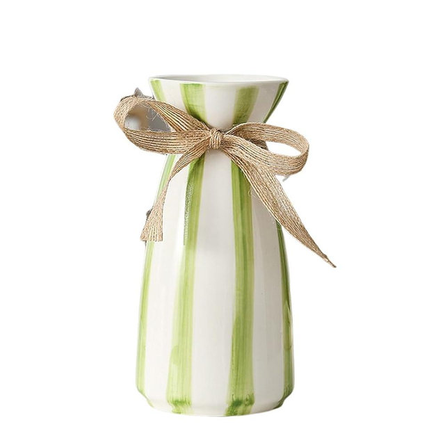 Ceramic Vase-Small Vases for Flowers,Ceramic Vases for Home Decor,Modern Vase for Living Room Bedroom Dining Room Office Bookshelf Decor (White with Green Stripes)