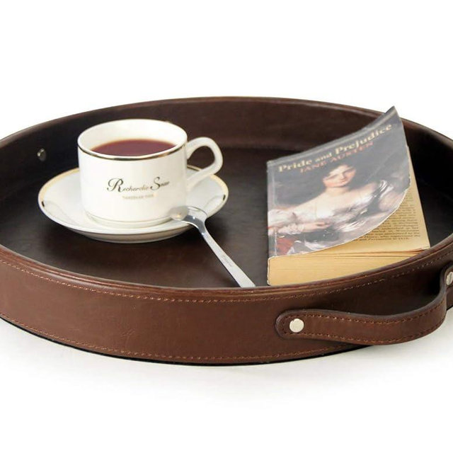 HofferRuffer Top Nocth PU Leather Round Serving Tray, Decorative Serving Tray with Handles, Coffee Tray, Ottoman Tray for Home Or Office, Diameter 14.6-inch, Brown