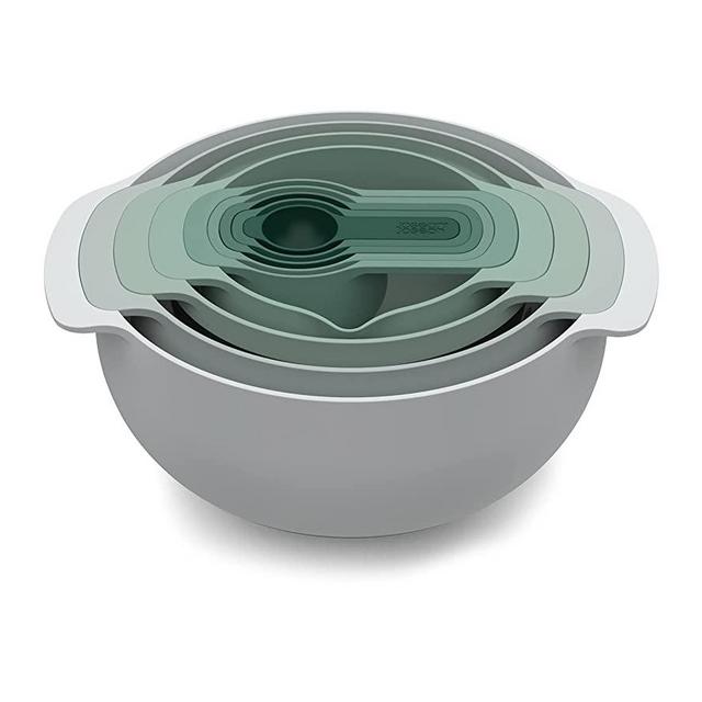 Joseph Joseph Nest 9 Nesting Bowls Set with Mixing Bowls Measuring Cups Sieve Colander, 9-Piece, Editions (Sage)
