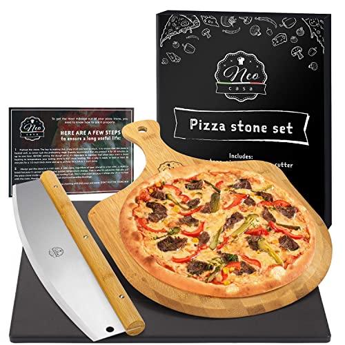 NeoCasa Black Ceramic Pizza Stone Pan Set with Bamboo Pizza Peel & Pizza Cutter - Baking Stones for Oven, Grill & BBQ - Stainless & Nonstick Pizza Stone For Oven