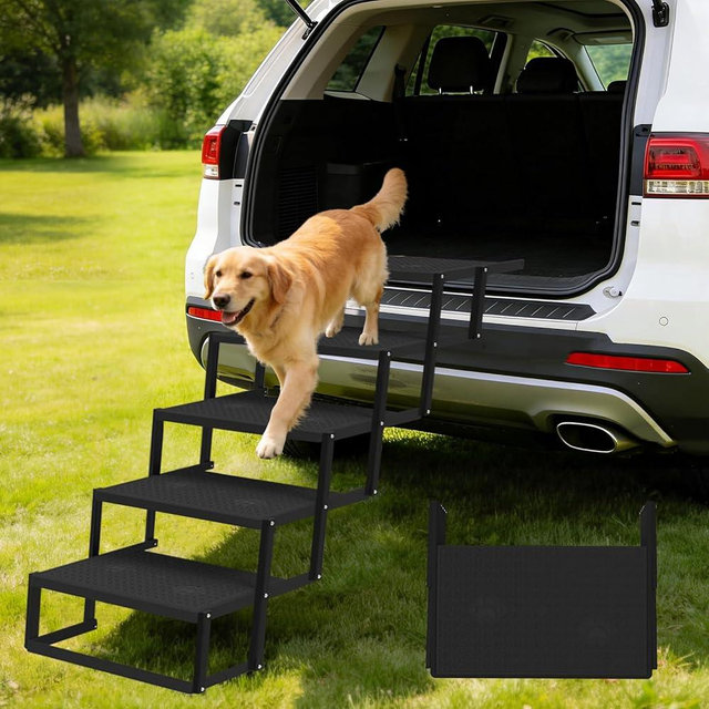 Dog Steps for Car, 5 Steps Foldable Dog Stairs for Large Dogs with Upgraded Non-Slip Surface, Pet Ramp Alternative, Heavy-Duty Plastic Pet Stairs for Vehicles, SUV, Truck, Lightweight & Portable