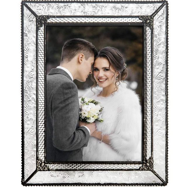 J Devlin Glass Art Clear Vintage Stained Glass Picture Frame Tabletop 5 x 7 Photo Wedding Pic 380-57HV