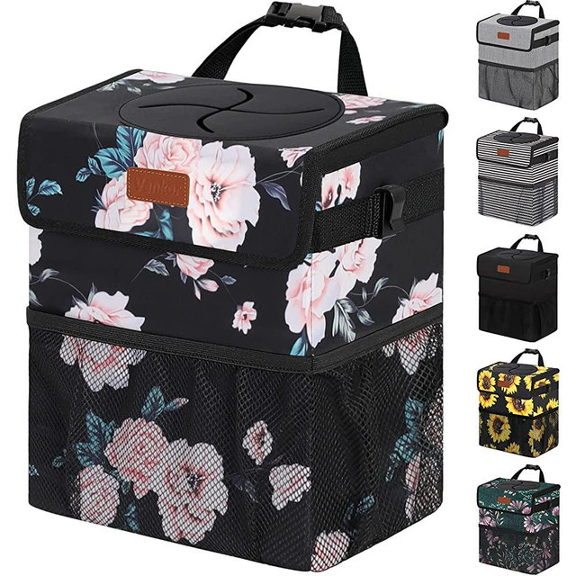 Vankor Car Trash Can for Car Cute, Car Trash Bag Bin Hanging Waterproof Automotive Car Garbage Cans Leak Proof Vehicle Trash Can Black Floral
