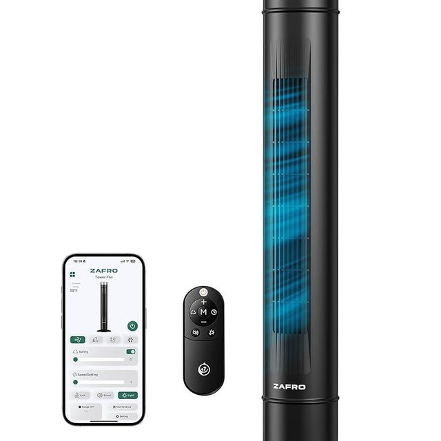 ZAFRO Smart Tower Fan for Bedroom,120° Oscillating Tower Fan,28ft/s High-Speed 12 Speeds 4 Modes,Upgraded DC 22dB Ultra Quiet,App/Voice Control,Standing Fan with 12H Timer,42Inch,Black