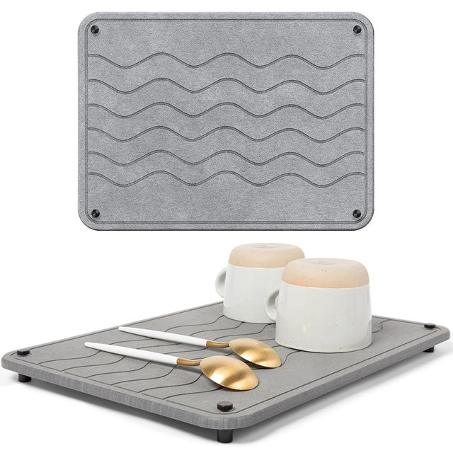 Spaceneat Diatomite Stone Drying Mat for Kitchen Counter - Rapid Moisture Removal - 15.7" x 11.8" Large Dish Drying Stone for Kitchen Sink - Diatomaceous Earth Quick Dry Dish Mat - Gray Waves