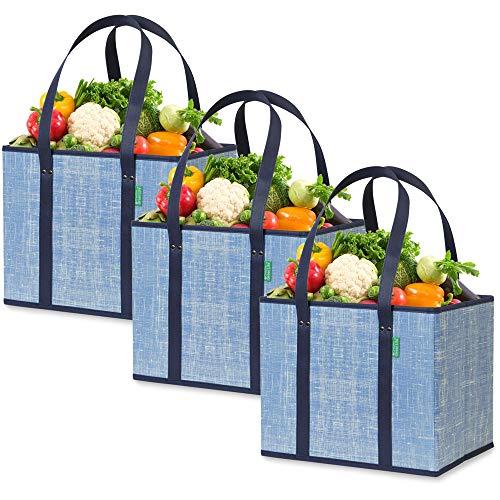 Reusable Grocery Shopping Box Bags (3 Pack - Denim Blue) Large, Premium Quality Heavy Duty Tote Bag Set with Extra Long Handles & Reinforced Bottom. Foldable, Collapsible, Durable and Eco Friendly