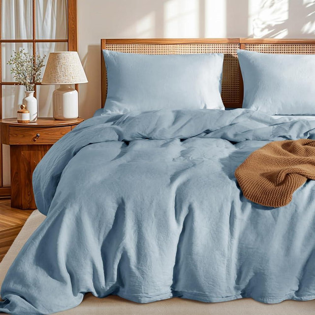 LBRO2M 100% France Linen Duvet Cover Set Queen Size,3 Piece Sets Natural Flax Comforter,Soft Breathable Cover 2 Pillowcase 1 Duvet Cover with Zipper,All Season (Dusty Blue)