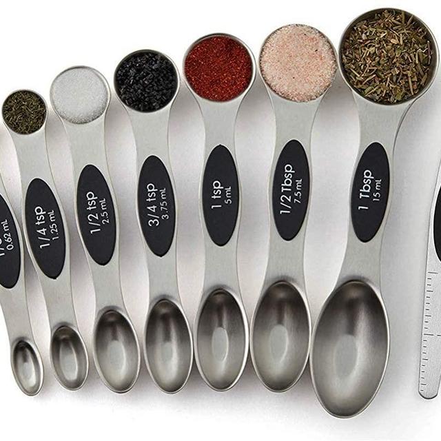 Emoly Magnetic Measuring Spoons Set, Stainless Steel, UpgradedTeaspoon Set, Fits in Spice Jars, Tablespoon Set for Measuring Dry and Liquid Ingredients, Set of 8 (Black)