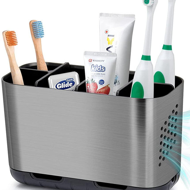 Boperzi Toothbrush and Toothpaste Holder Brushed Nickel Drainage for Bathroom Vanity, Large Electric Toothbrush Storage Caddy Anti-Slip Rustic with Adjustable Dividers for Family, Kids