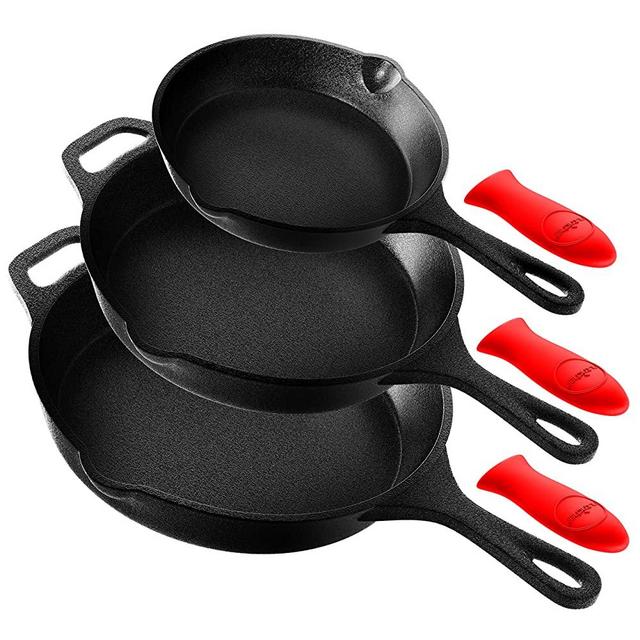 Nutrichef Pre-Seasoned Cast Iron Skillet 3 Pieces Kitchen Frying Pan Nonstick Cookware Set w/Drip Spout, Silicone Handle, For Electric Stovetop, Glass Ceramic