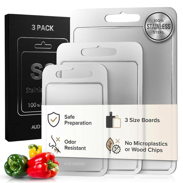 Stainless Steel Cutting Boards For Kitchen - Stainless Steel Cutting Board with Juice Grooves, Double Sided, 3 Pack Sizes, Durable and Clean Chopping Boards for Home or Professional Use