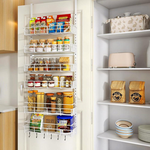 Mefirt Over The Door Pantry Organizer, Wall Mount Spice Rack, Pantry Hanging Storage and Organization, 6 Adjustable Baskets Heavy-Duty Metal for Home & Kitchen, Back of Door Seasoning Rack - White