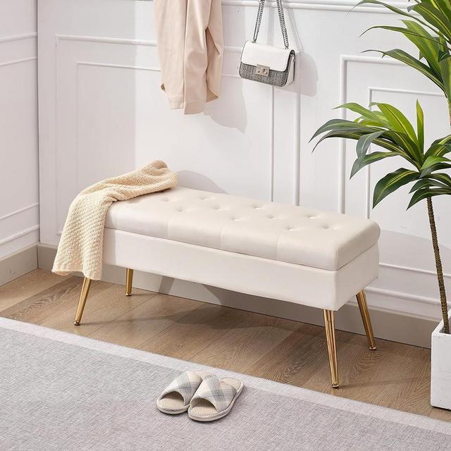 TENLLEY Storage Bench-Entryway Bench,Ottoman for Bedroom End of Bed,Modern Velvet Benche Bedroom Benches for Foot of Bed,Upholstered Bench with Golden Legs 40" Creamy White