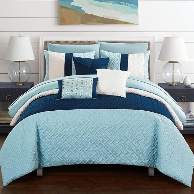 Chic Home Osnat 10 Piece Comforter Set Color Block Quilted Embroidered Design Bed in a Bag Bedding – Sheets Decorative Pillows Shams Included King Blue