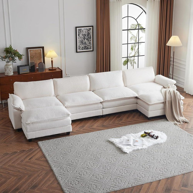 Karl home Sectional Sofa Modular Deep Seat Sofa Couch with Ottoman, Chenille Sofa Sleeper Comfy Upholstered Furniture for Living Room, Apartment, Studio, Office, (4-Seat & 2-Ottoman, Beige)