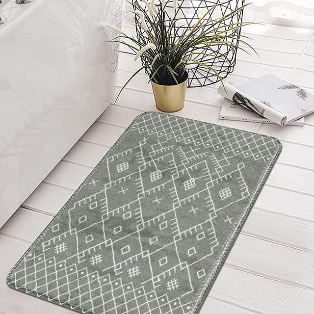 Uphome Bathroom Rugs 18x25 inch Gray Boho Bath Mat Non-Slip Geometric Moroccan Farmhouse Bath Rug Soft Velvet Machine Washable Bathroom Mats for Tub Sink Shower