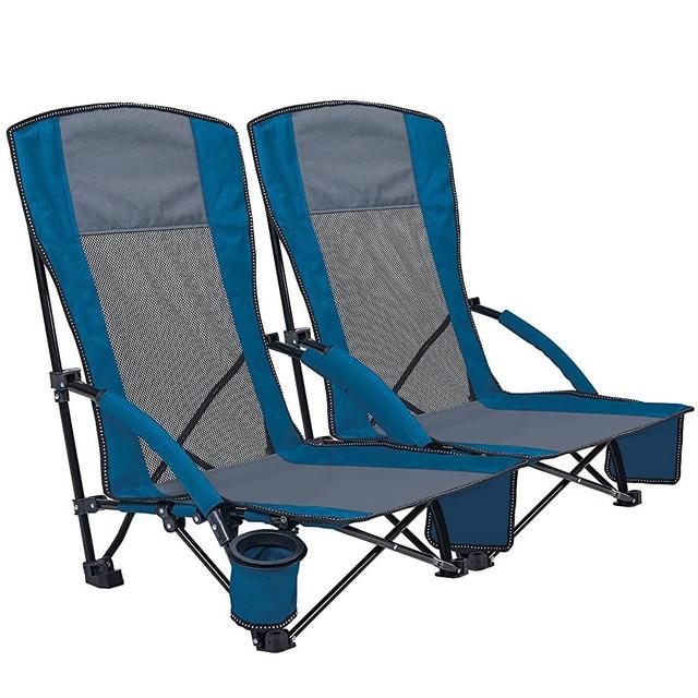 XGEAR Low Seat Lightweight Folding Beach Chair for Adults with Carry Bag, High Back Mesh Back Sand Chair for Beach, Lawn, Camping, Travel, Support Up to 300 lbs (2chairs Blue)