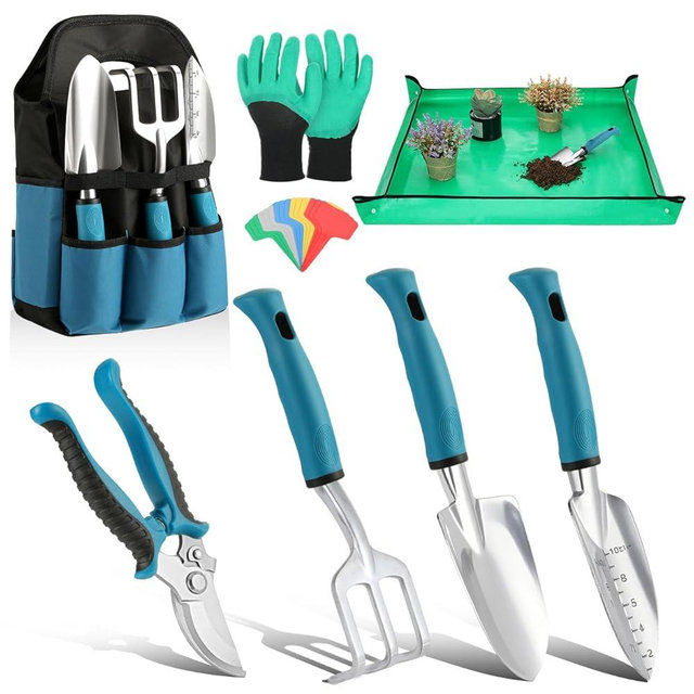 Housolution Gardening Tools Set, 8PCS Heavy Duty Garden Tools with Non-Slip Rubber Grip with Large Garden Bag for Aluminum Alloy Hand Tools for Gardening,Gardening Gifts for Women and Men, Blue+Black