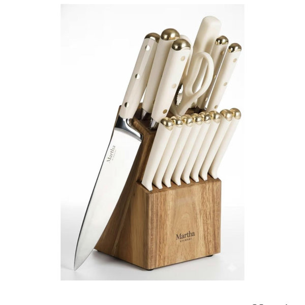Martha Stewart Knife Block Set 16-Piece - Lockton High Carbon Stainless Steel Forged Full Tang Chef Knives, Acacia Wood Block, Triple Riveted Handles, Linen White & Gold