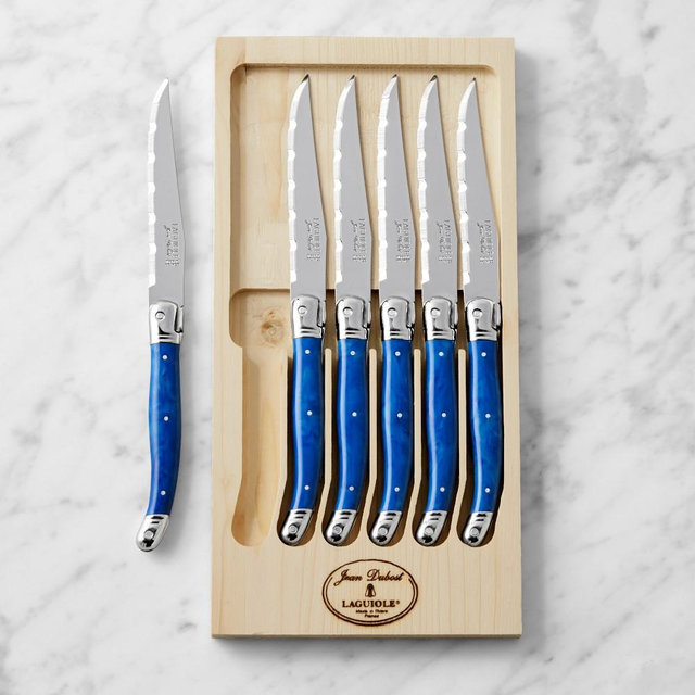 Jean Dubost Laguiole Blue Marble Steak Knives, Set of 6