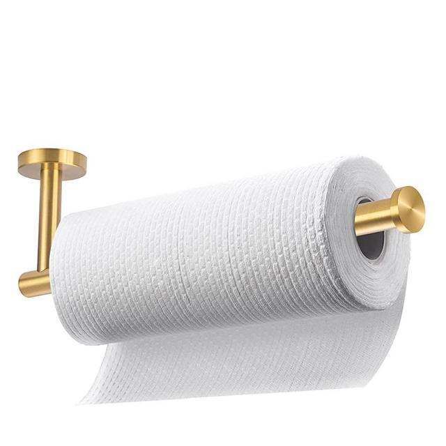 Brushed Gold Paper Towel Holder,Under Kitchen Cabinet Towel Paper Rack,Wall Mounted Round SUS304 Stainless Steel Dispenser for Bathroom Kitchen Tissue Towel Roll,11.8 inch