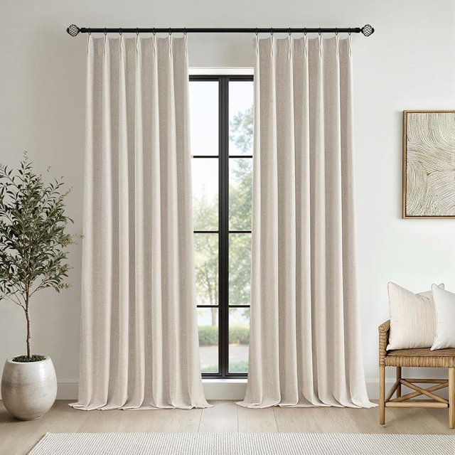 MIULEE Beige Pinch Pleated 100% Blackout Linen Curtains for Bedroom, Room Darkening Light Blocking Window Curtains 84 inches Long for Living Room, Black Out Pleat Drapes with Pin Hooks, 2 Panels