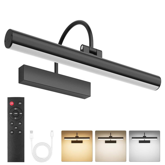 Bridika Picture Light for Wall with Remote, Rechargeable Battery Operated Picture Light, 3 Color Modes and Dimmable Classic Art Lights for Paintings, Gallery, Bedroom, Bathroom with Timer Black 1