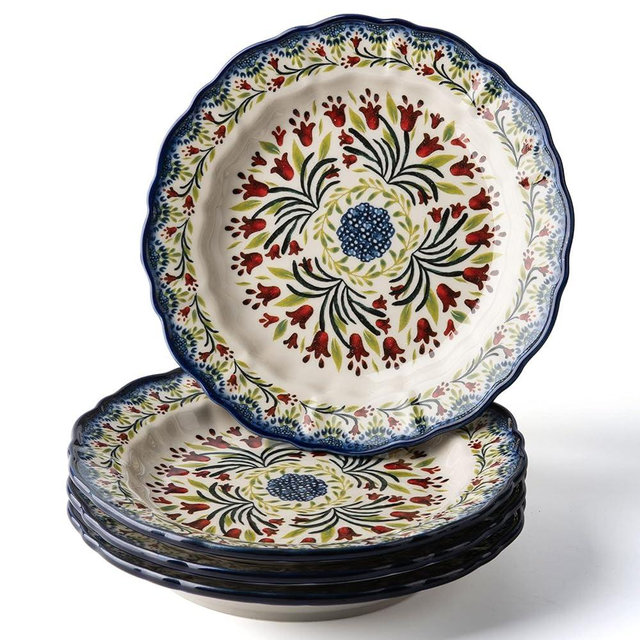 ONECCI Ceramic Salad Plate Set,Blue and White 8 inch Serving Plates Floral Dinner Shallow Plates Set of 4, Serving Bread Appetizer Dessert Snack (8 Inch) (The tulip)