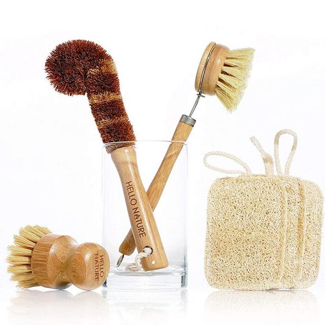 Plant-Based 6pcs Kitchen Brush Set by HELLO NATURE, Sustainable & Biodegradable Natural Fibre Bamboo Dish Brush,Bottle Brush,Pot Brush & 3 Natural Loofah Sponges, Zero-Waste,Plastic Free Kitchen Set