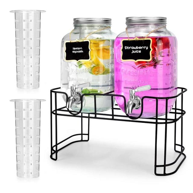 1 Gallon Glass Drink Dispensers For Parties 2PACK.Beverage Dispenser，Drink Dispenser With Stand And Stainless Steel Spigot 100% Leakproof.Glass Drink Dispenser With Ice Cylinder. Lemonade