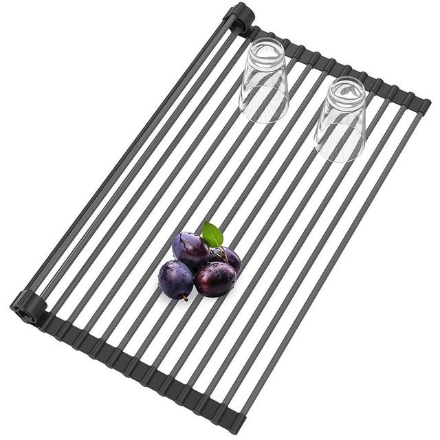 Roll Up Dish Drying Rack, Silicone Wrapped Over The Sink Multipurpose Foldable Dish Drainer Anti-Slip Coated Stainless Steel Dish Racks for Kitchen Counter, Sink Drying Rack (Black, 17.3" x 12.4")